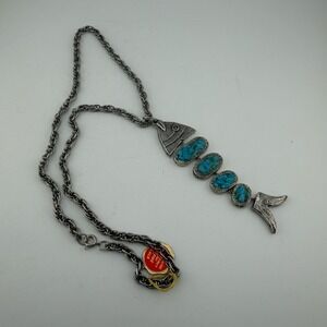 Artistic Silver Tone Genuine Turquoise Fish Articulated Pendant Necklace